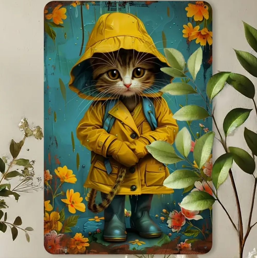 Spring Kitty Yellow Raincoat Cat Metal Wall Art Sign, Tin Hanging Decor, Patio